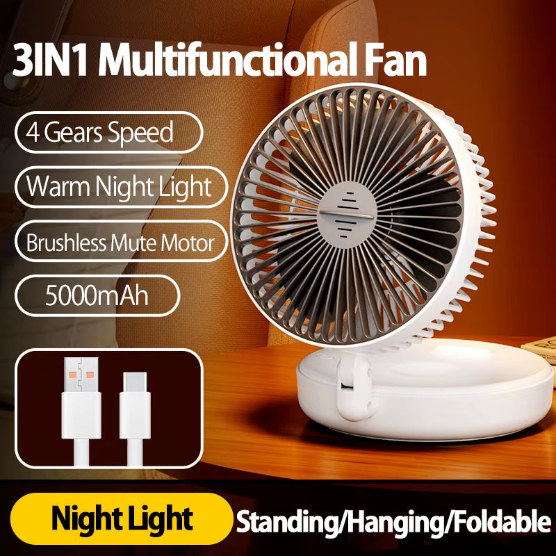 🌬️ 3-in-1 Rechargeable Portable Fan with Warm Night Light | Foldable, Wall-Mounted & 4-Speed Cooling