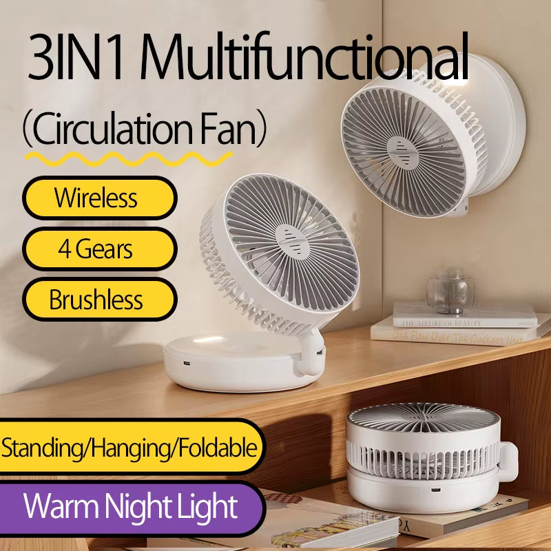 🌬️ 3-in-1 Rechargeable Portable Fan with Warm Night Light | Foldable, Wall-Mounted & 4-Speed Cooling