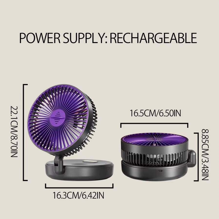 🌬️ 3-in-1 Rechargeable Portable Fan with Warm Night Light | Foldable, Wall-Mounted & 4-Speed Cooling