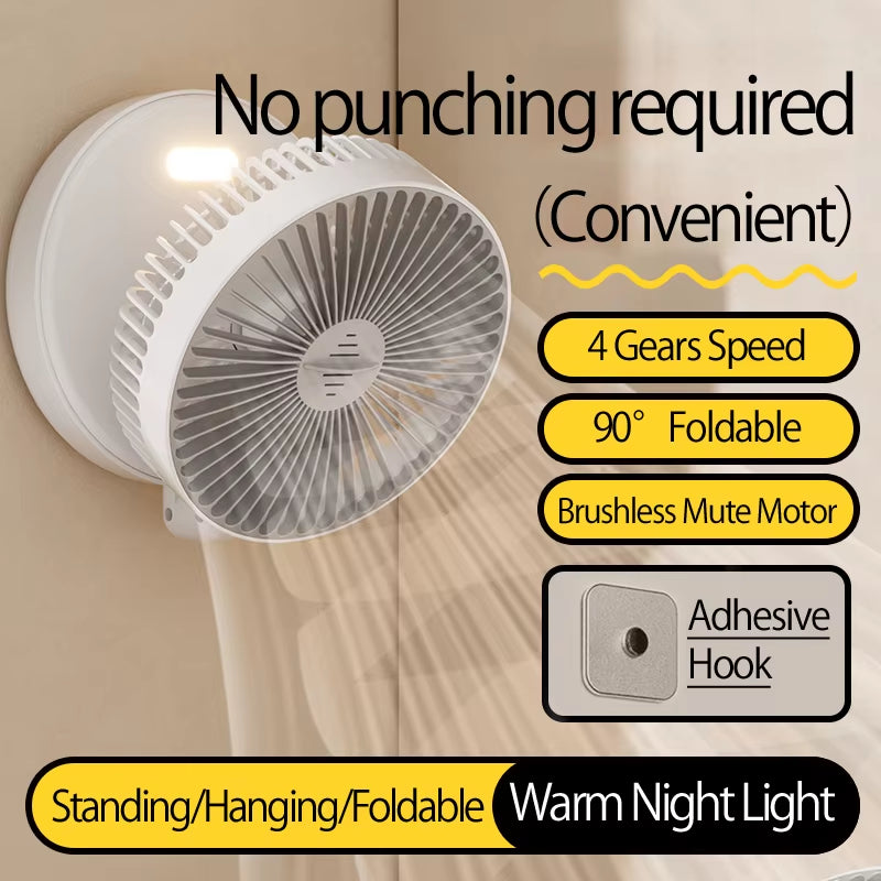 🌬️ 3-in-1 Rechargeable Portable Fan with Warm Night Light | Foldable, Wall-Mounted & 4-Speed Cooling