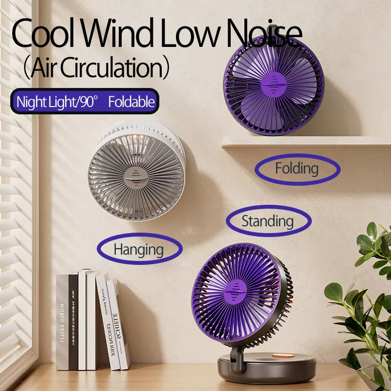 🌬️ 3-in-1 Rechargeable Portable Fan with Warm Night Light | Foldable, Wall-Mounted & 4-Speed Cooling