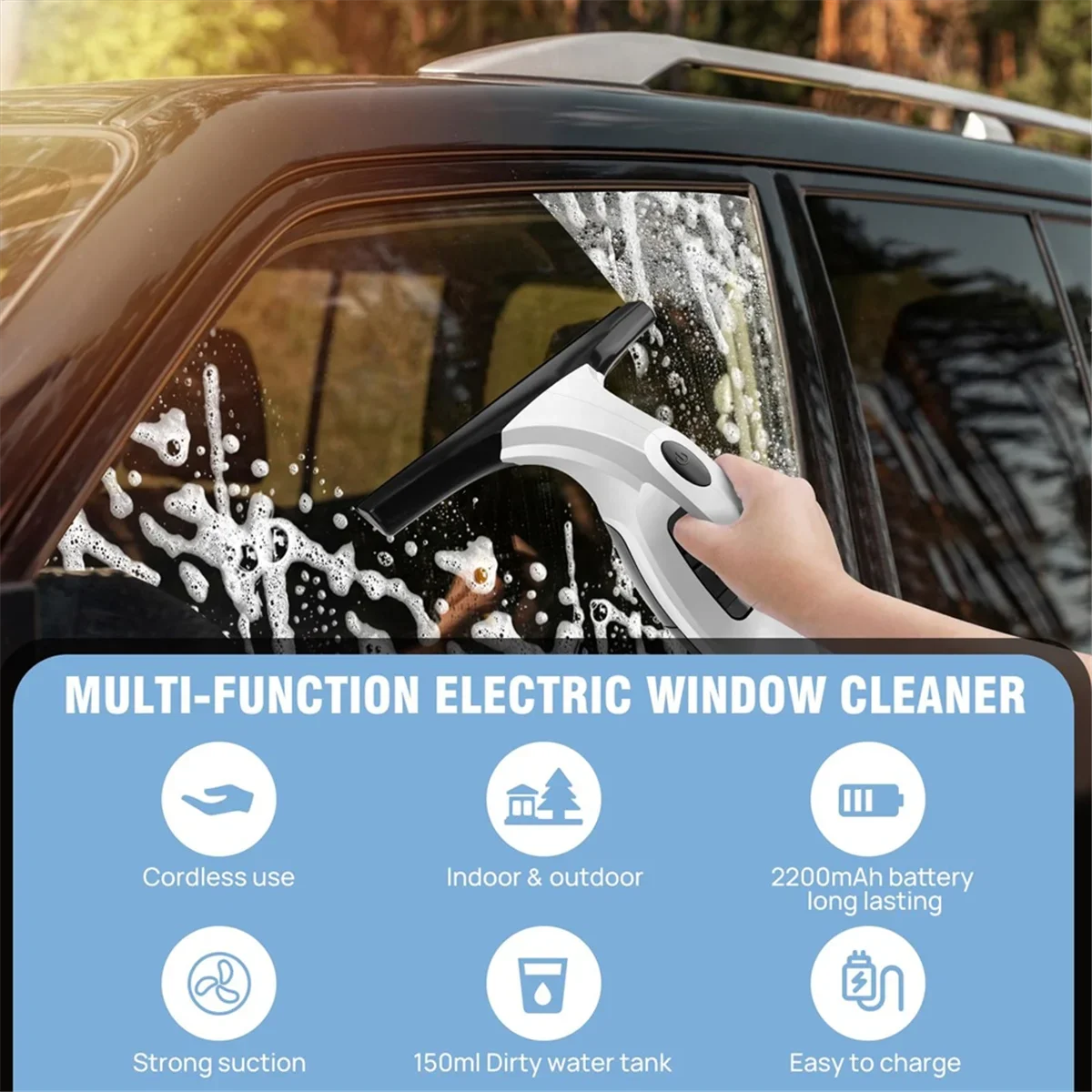 Rechargeable Cordless Window Vacuum Cleaner with Squeegee 150Ml Water Tank for Glass Mirror Tile Cleaning Home Use Portable