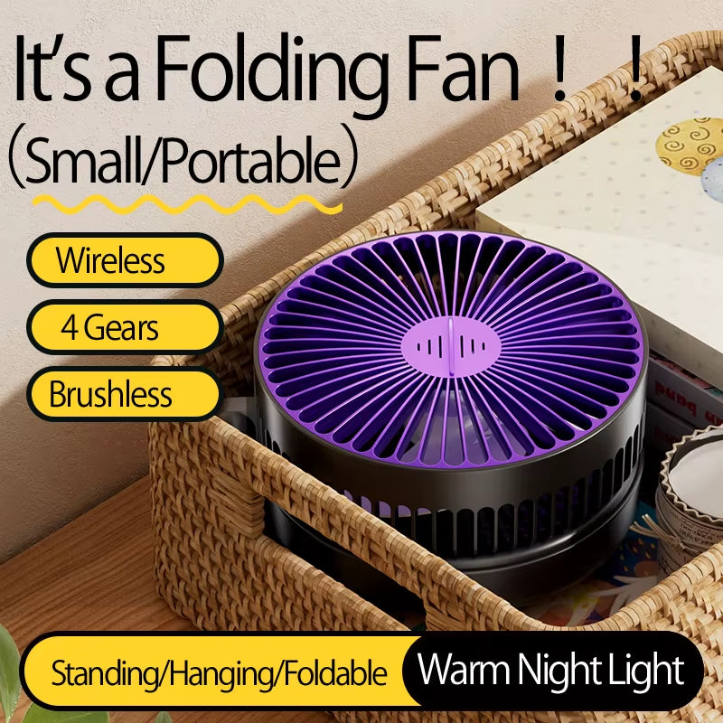 🌬️ 3-in-1 Rechargeable Portable Fan with Warm Night Light | Foldable, Wall-Mounted & 4-Speed Cooling
