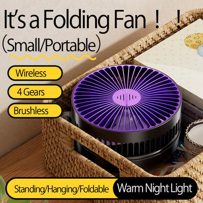🌬️ 3-in-1 Rechargeable Portable Fan with Warm Night Light | Foldable, Wall-Mounted & 4-Speed Cooling