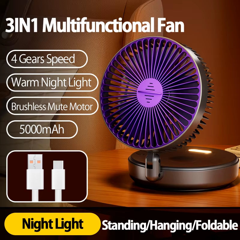 🌬️ 3-in-1 Rechargeable Portable Fan with Warm Night Light | Foldable, Wall-Mounted & 4-Speed Cooling